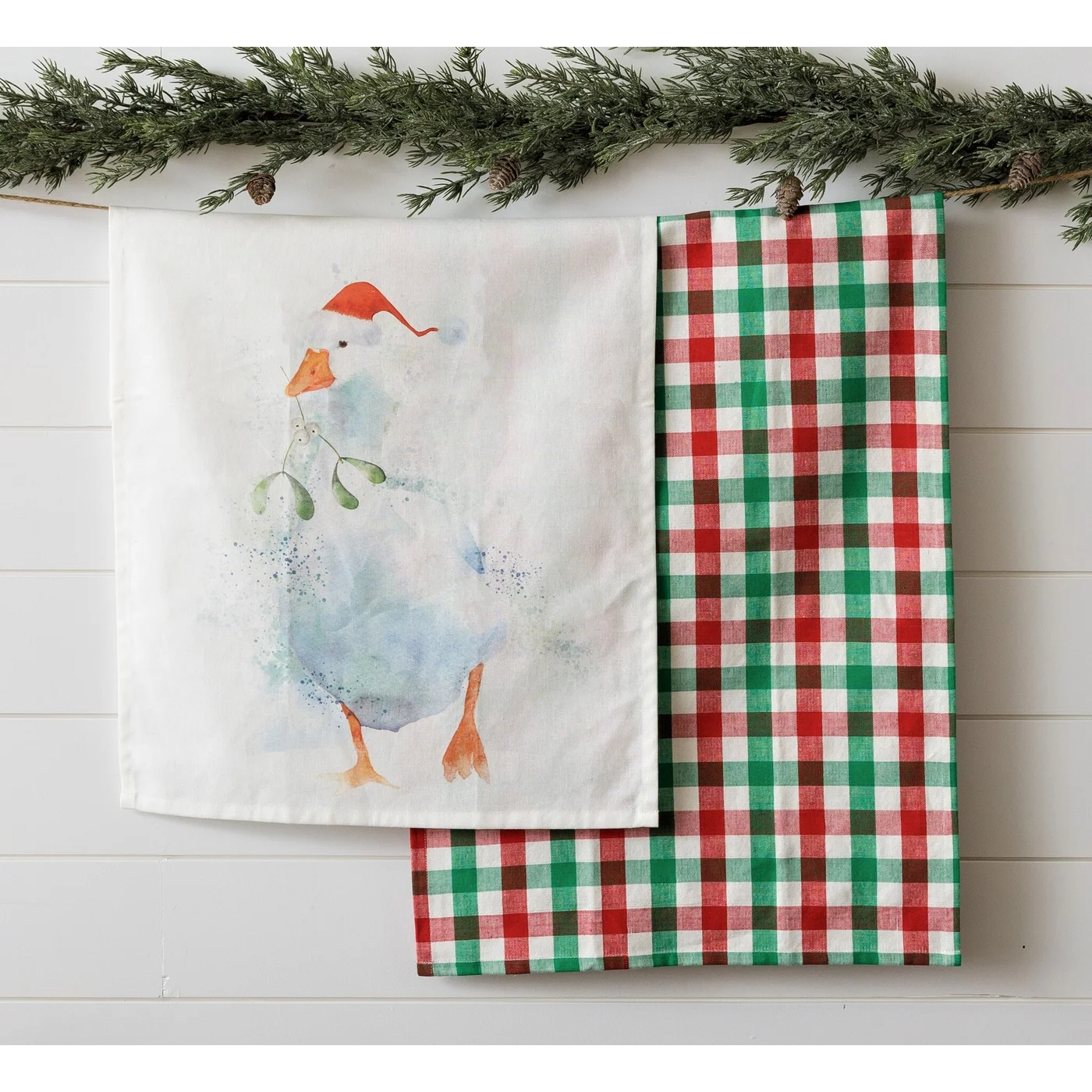 Set of 2 Winter Goose and Holiday Check Tea Towels