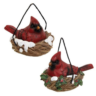 Set of 2 Cardinals In Nest Resin Ornaments
