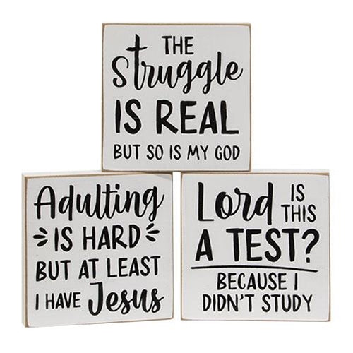 Set of 3 Religious The Struggle Is Real 4" Square Block Signs