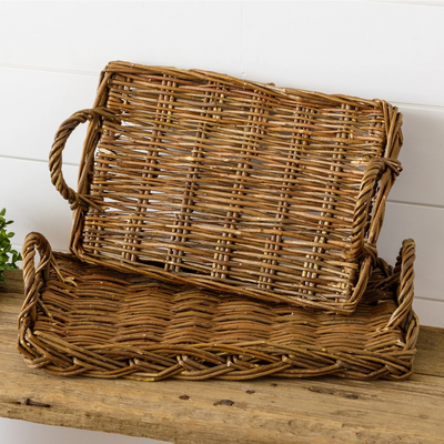 Set of 2 Wicker Rectangular Basket Trays