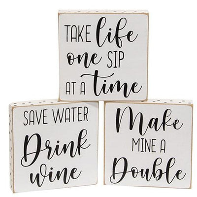 Set of 3 Wine Themed 4" Wooden Block Sign