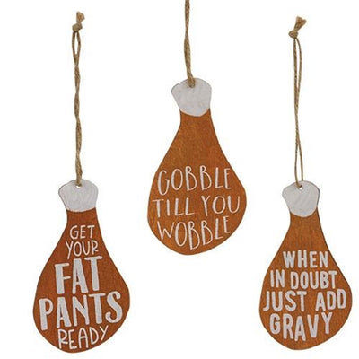 Set of 3 Gobble Til You Wobble Turkey Leg Ornaments