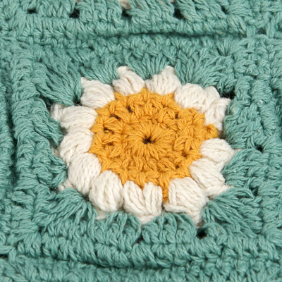 Boho Teal Crochet Shoulder Bag with Daisy Pattern