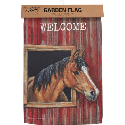 Welcome Horse in Red Barn Garden Flag