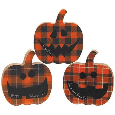 🎄💙 Set of 3 Happy Halloween Chunky Plaid Jack O Lantern Sitters