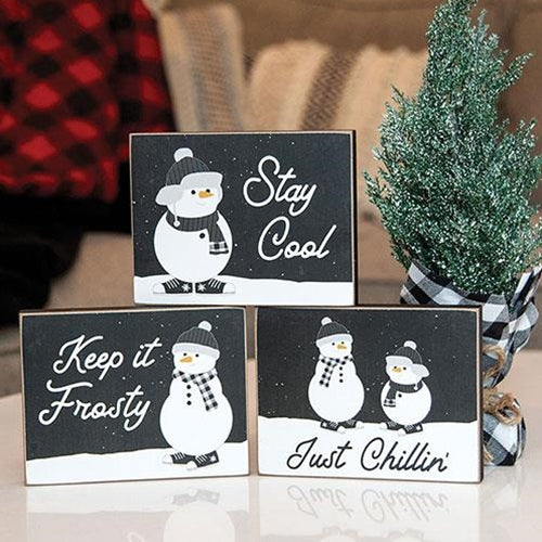 Set of 2 Stay Cool Snowman Small Block Signs