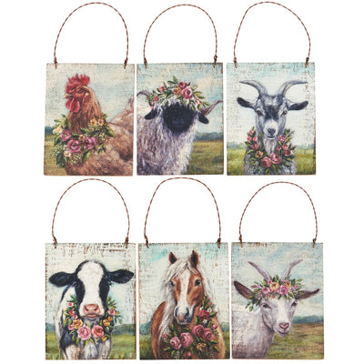 Set of 6 Farmhouse Animals With Floral Wreaths Ornament Set