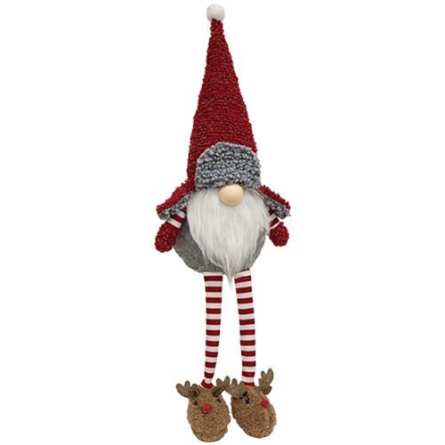 Fuzzy Red Gnome with Reindeer Slippers