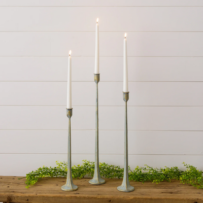 Set of 3 Verde Green Patina Hand Forged Metal Candle Holders