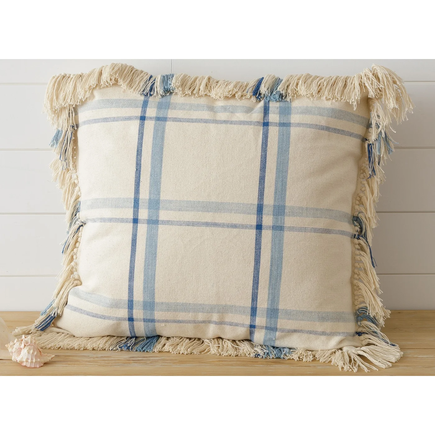 Blue Plaid with Fringe 22" Throw Pillow