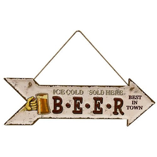 Ice Cold Beer Sold Here Hanging White Metal Sign`