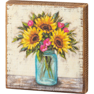 Sunflowers In Mason Jar Vase 6" Wooden Block Sign