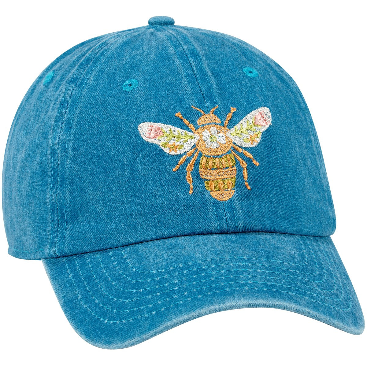 Bee Happy Floral Blue Baseball Cap