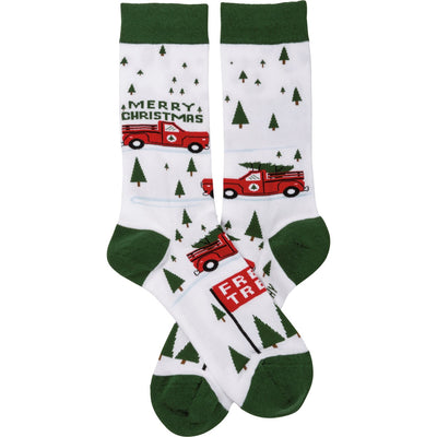 Truck And Tree Merry Christmas Fun Novelty Socks