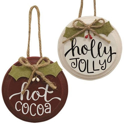 Set of 2 Hot Cocoa and Holly Jolly Button Holly Ornaments