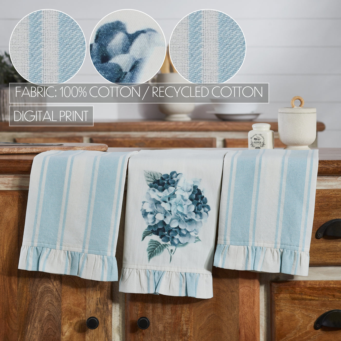 Set of 3 Hydrangea Ruffled Tea Towels