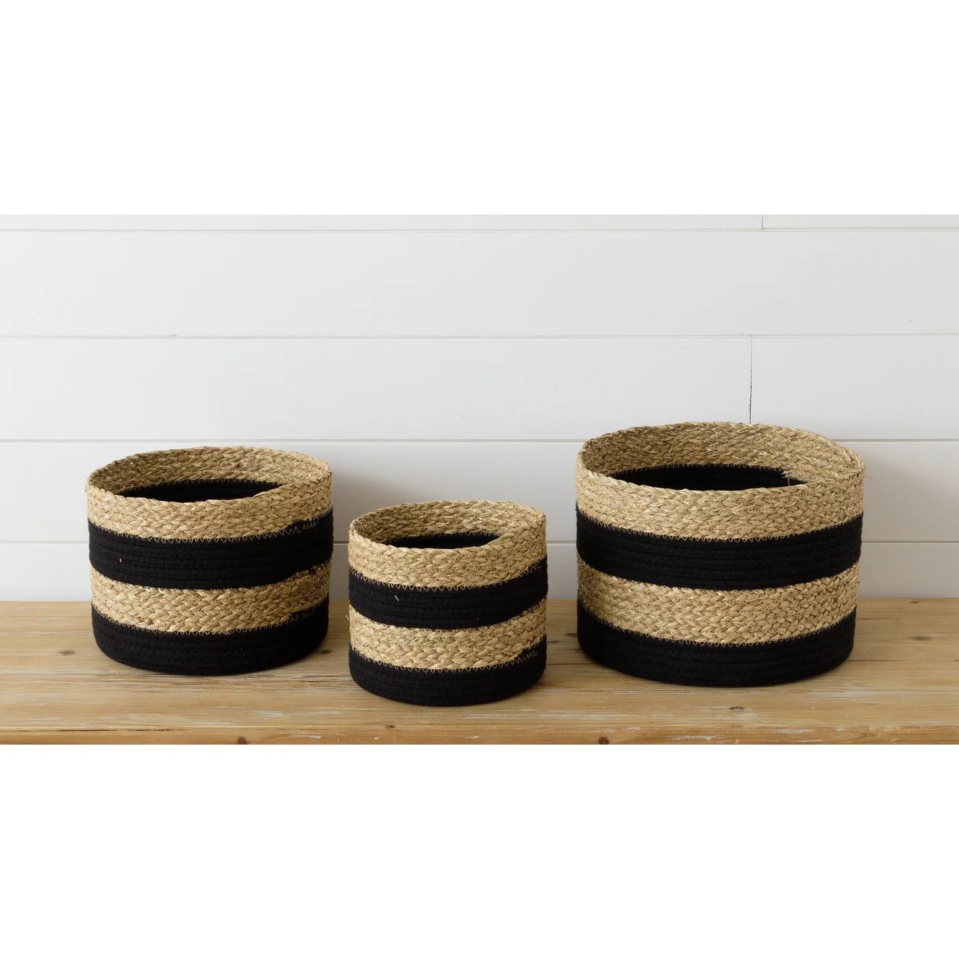 Set of 3 Nested Black Rope and Seagrass Stripe Baskets