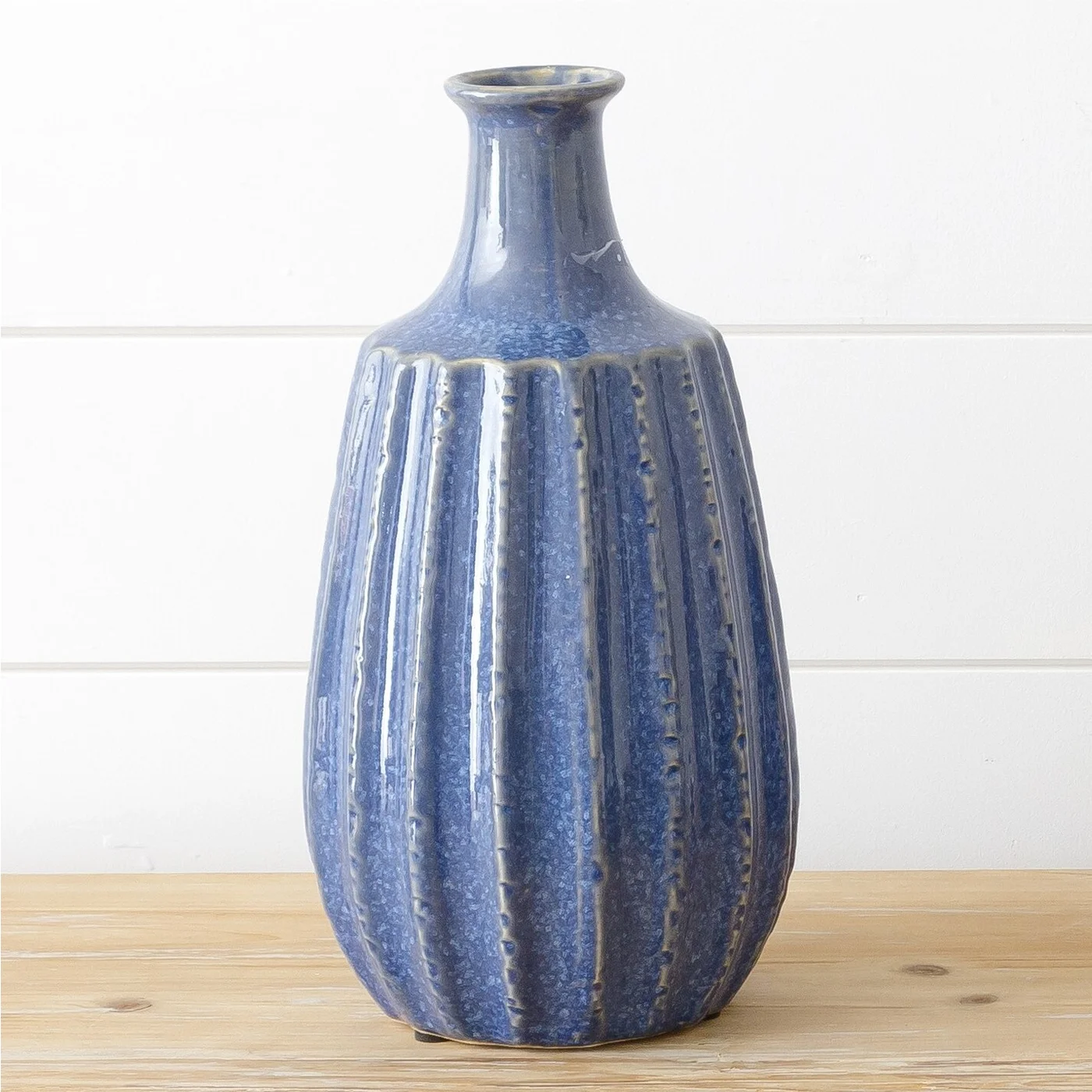Nautical Blue Ridged 12" Stoneware Vase