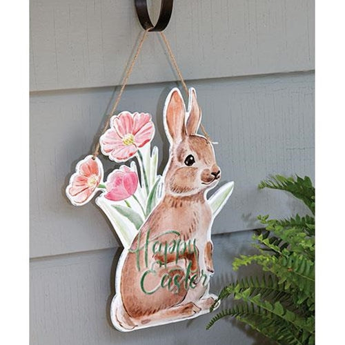 Happy Easter Floral Bunny Metal Hanging Sign