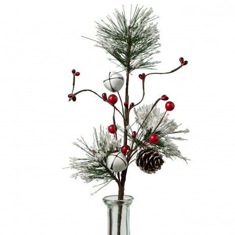 💙 Snowy Pine With Jingle Bells 12" Faux Evergreen Pick