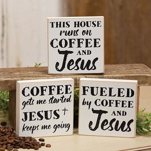 Set of 3 Coffee & Jesus 4" Wooden Square Block Signs