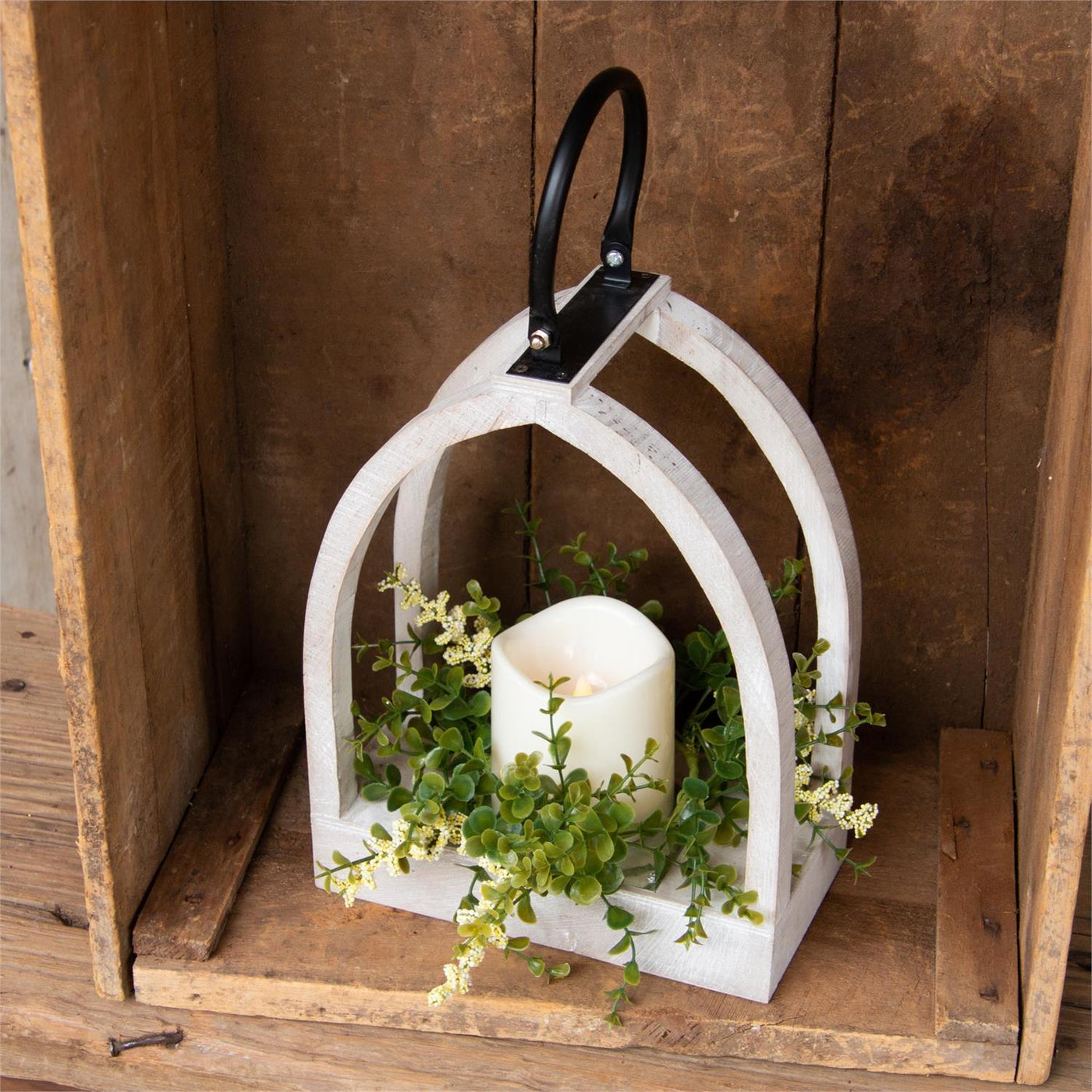 White Arched Lantern with LED Candle and Greens