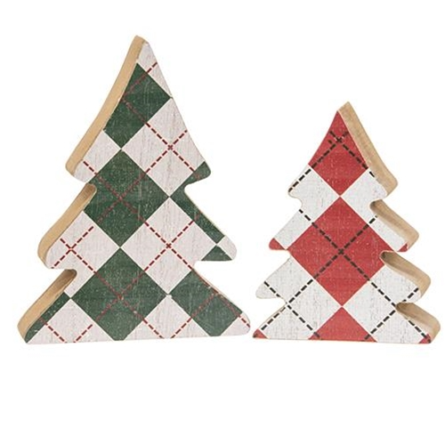 Set of 2 Distressed Wooden Plaid Mini Christmas Trees