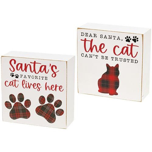 Set of 2 Santa's Favorite Cat and Cat Can't Be Trusted 5" Box Signs