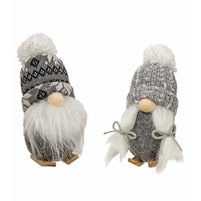 Mr & Mrs Gray and White Skier Gnome Ornaments