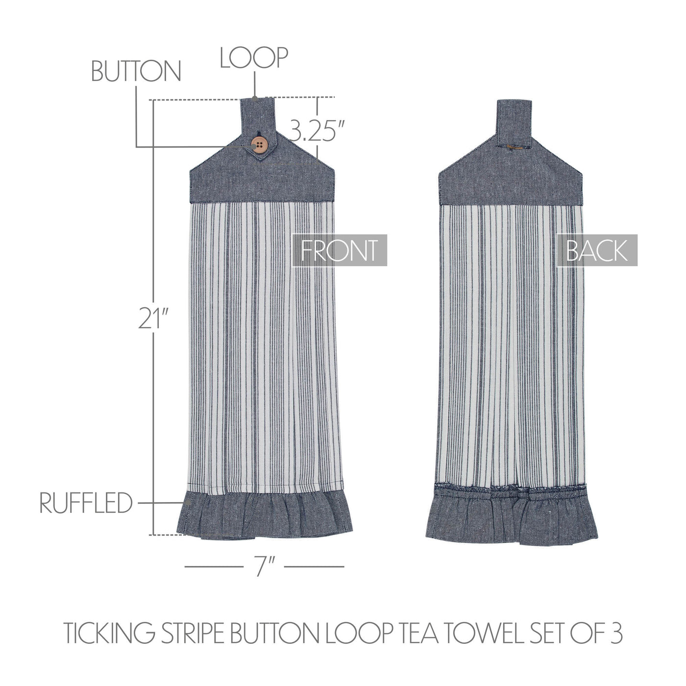 Sawyer Mill Blue Ticking Stripe Button Loop Tea Towel Set of 3