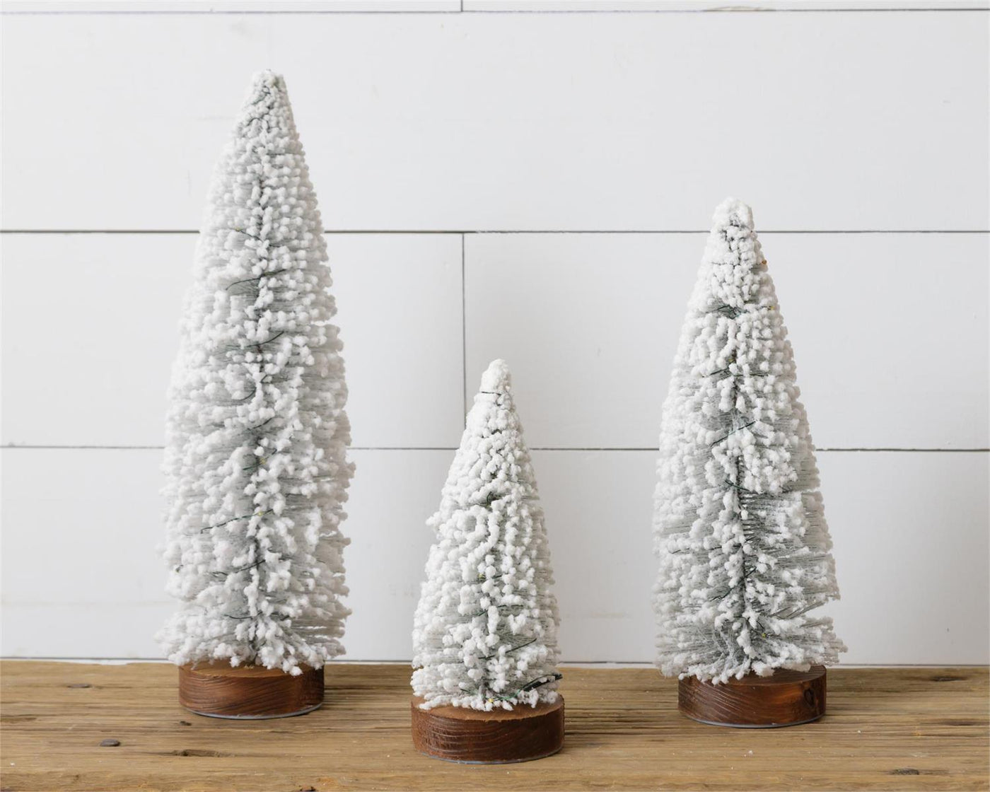 Set of 3 Flocked Bottle Brush Trees on Wooden Base