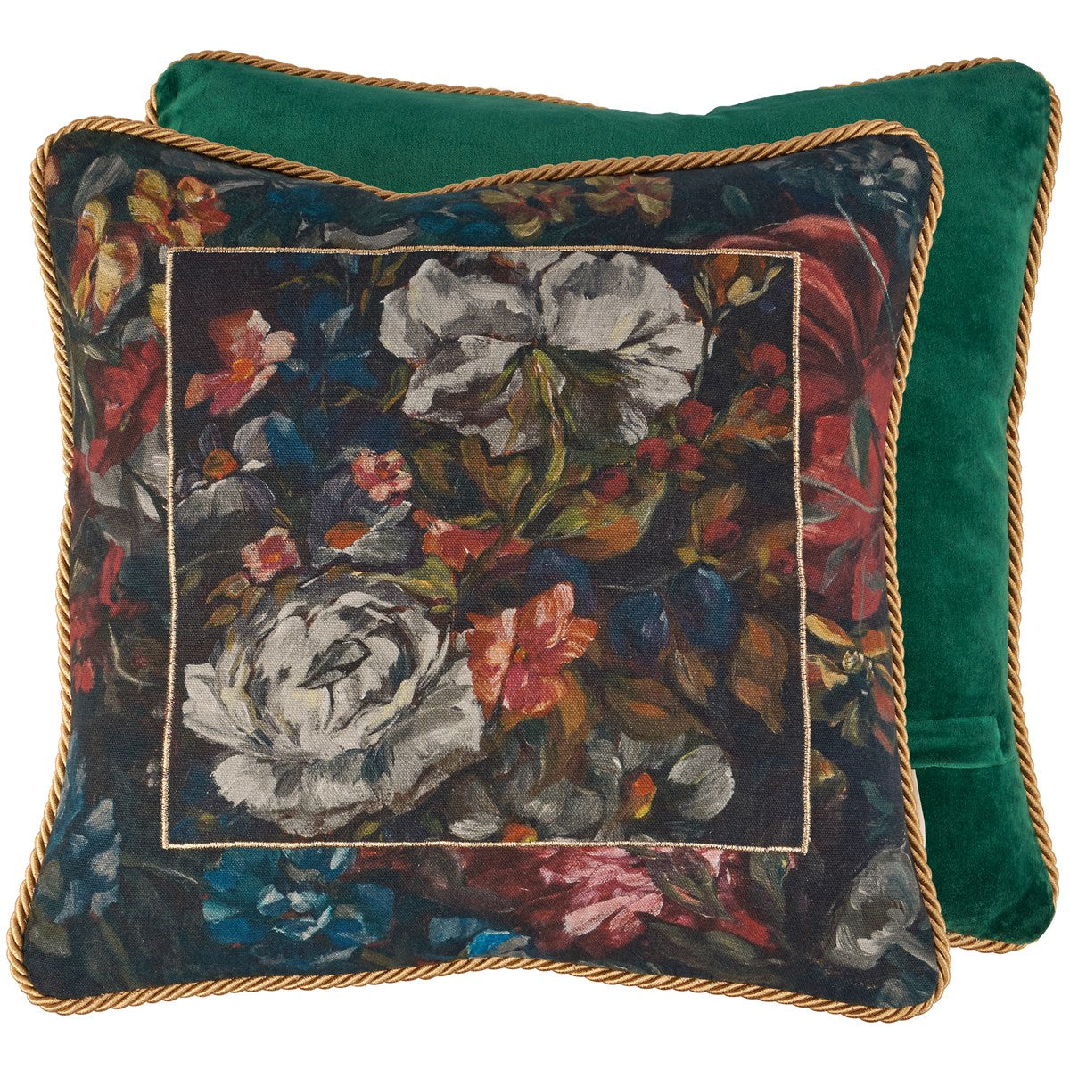 Moody Old English Florals With Velvet Gold Trim 16" Accent Pillow