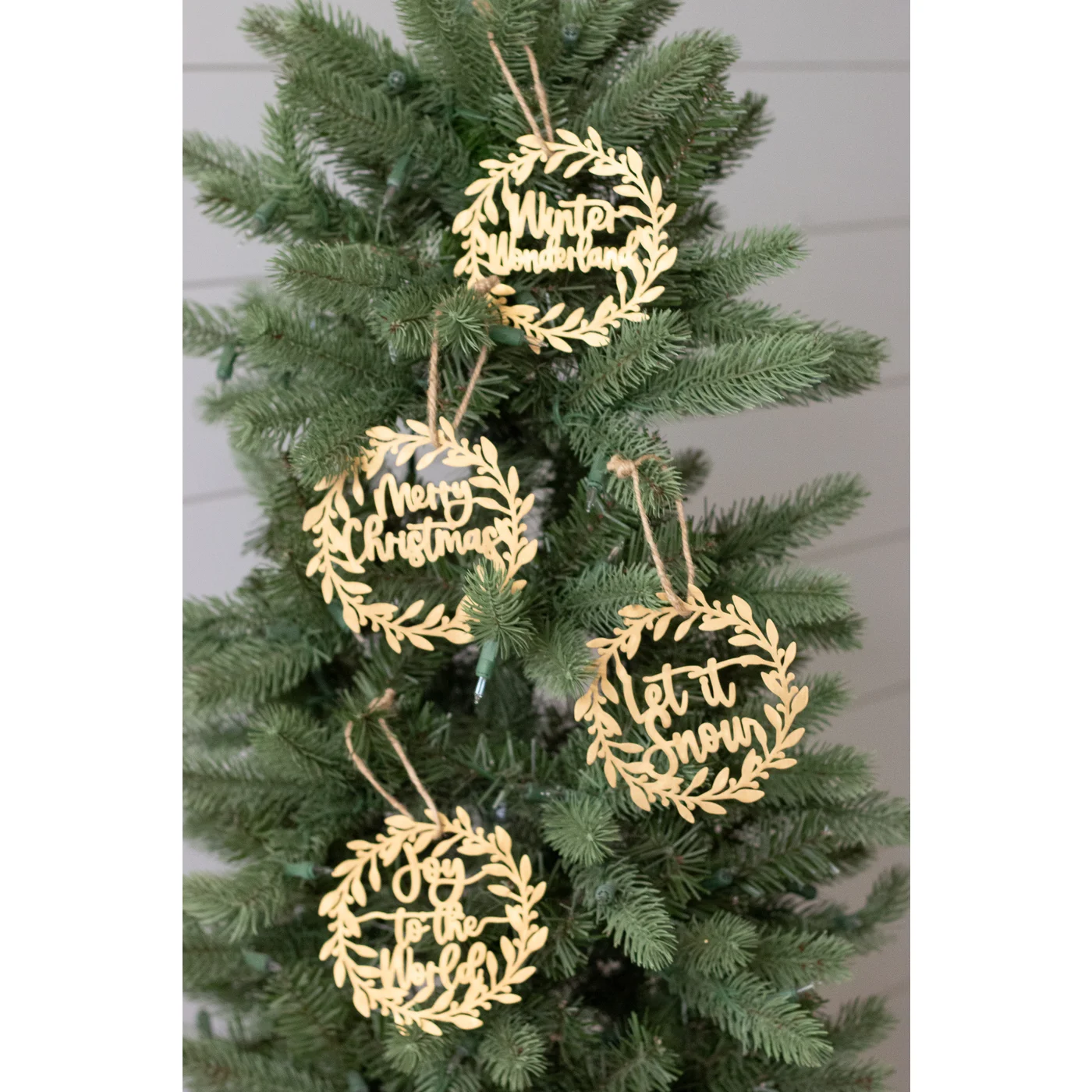 Set of 4 Gold Wreaths with Winter Sayings Ornaments