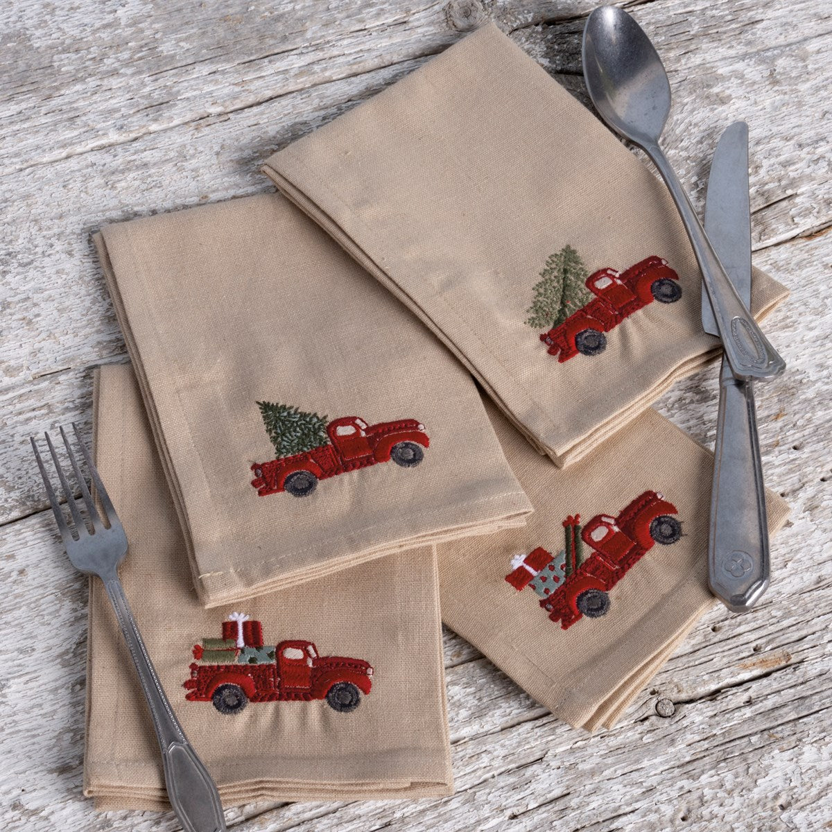 Set of 4 Christmas Red Truck With Tree Napkin Set