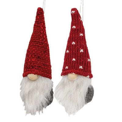 Set of 2 Gnome Ornaments with Red Knit Hats