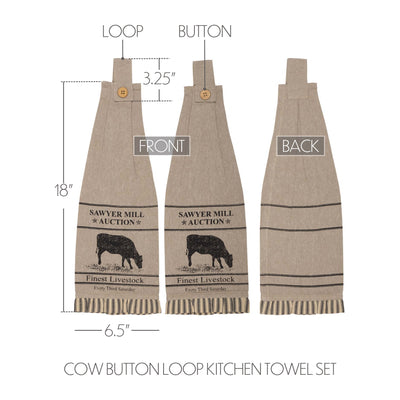 Set of 2 Sawyer Mill Charcoal Cow Button Loop Tea Towel