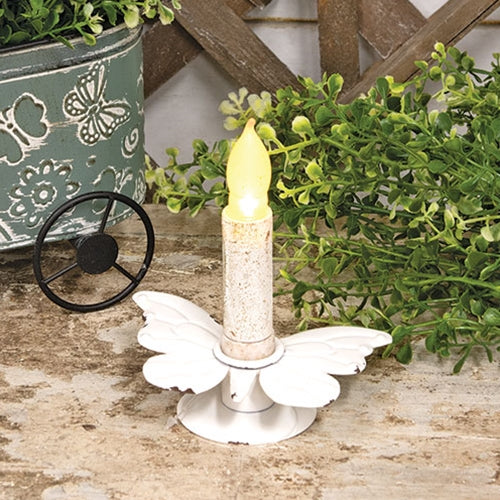 Distressed White Metal Butterfly Taper Candle Holder