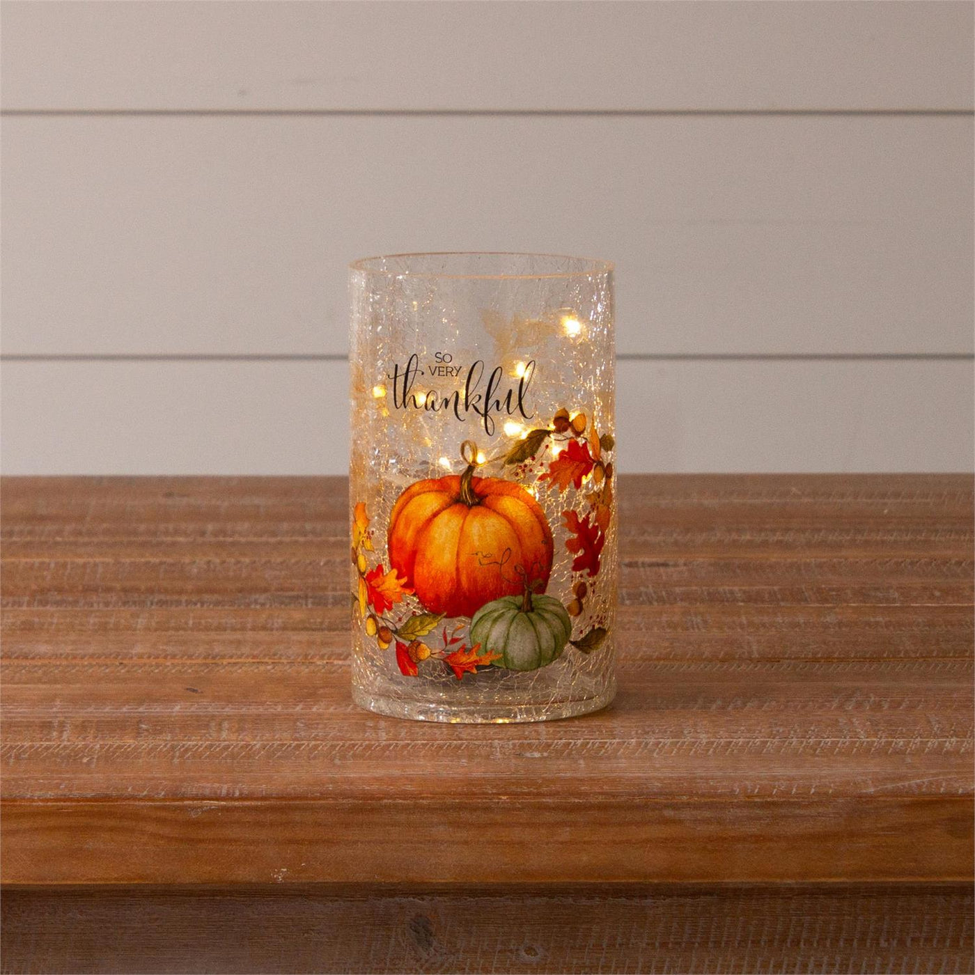 So Very Thankful Fall Crackle Glass Luminary With Lights