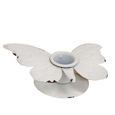 Distressed White Metal Butterfly Taper Candle Holder
