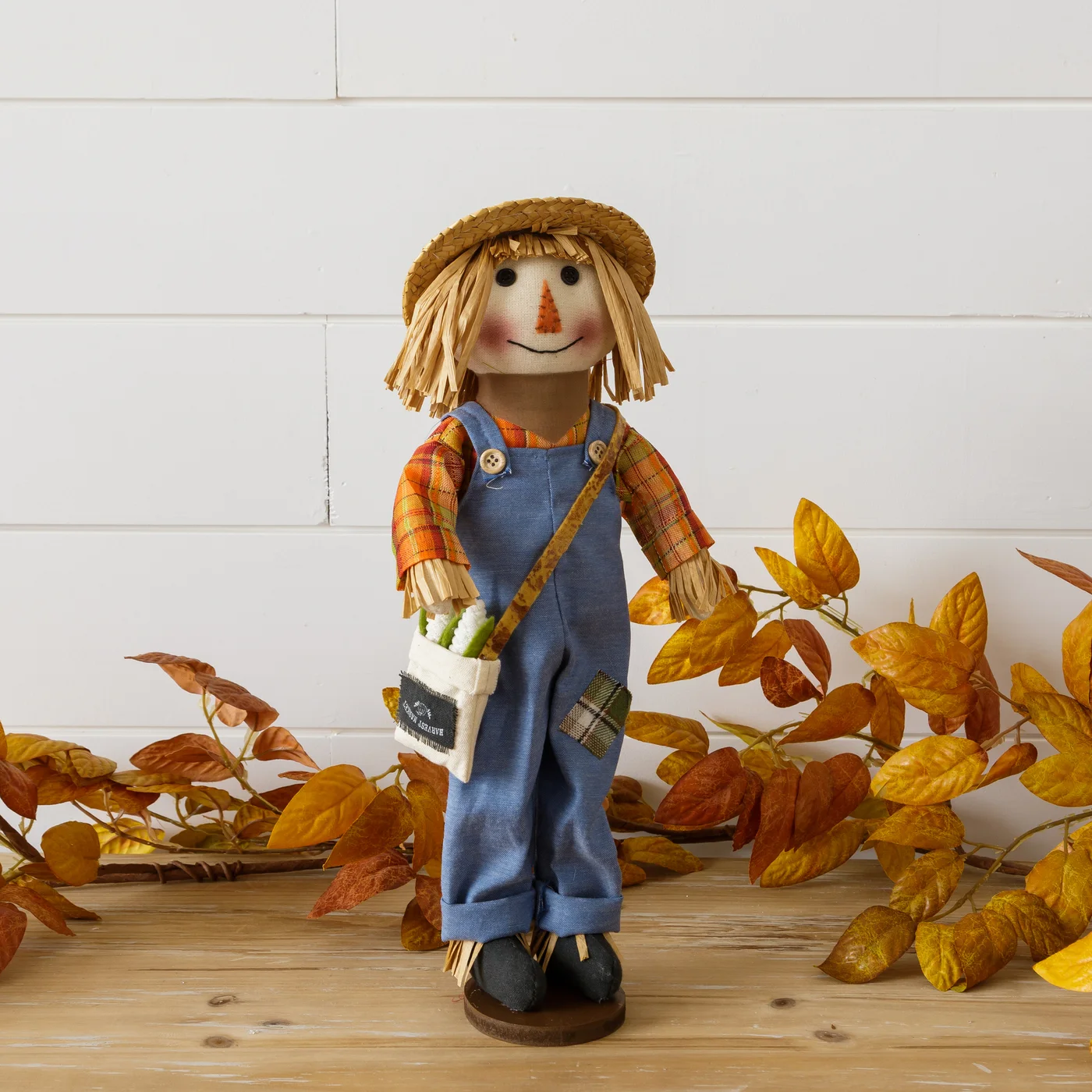 Scarecrow Standing Fabric Figure Holding Market Bag