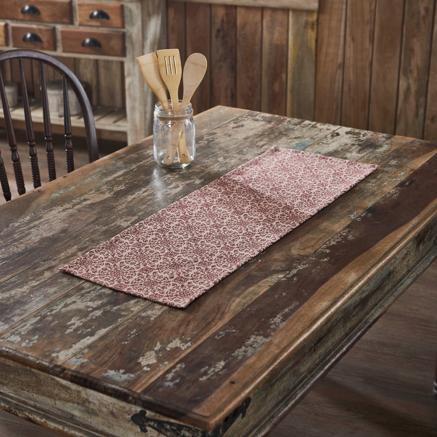 Burgundy Tan Jacquard 36" Table Runner