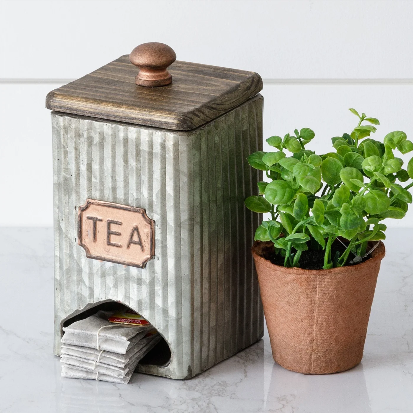 Tea Bag Corrugated Metal Holder with Wooden Lid