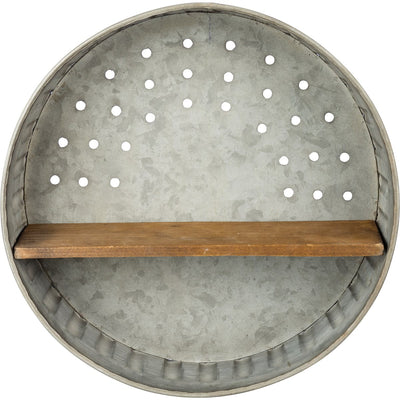 Rustic Round Wall Shelf 12" Galvanized Metal and Wood