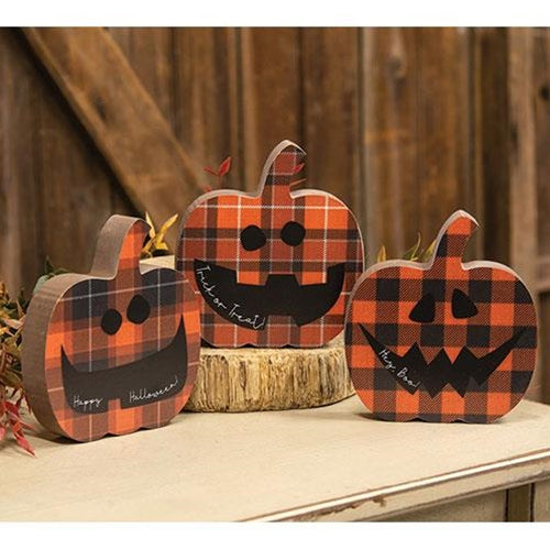 🎄💙 Set of 3 Happy Halloween Chunky Plaid Jack O Lantern Sitters