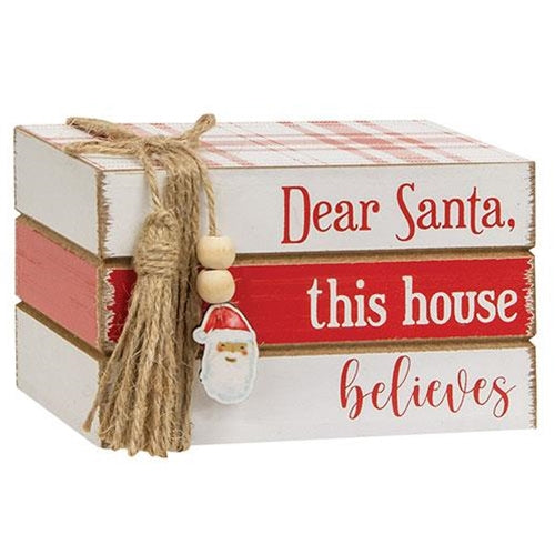 💙 Dear Santa, This House Believes Mini Wooden Faux Book Stack