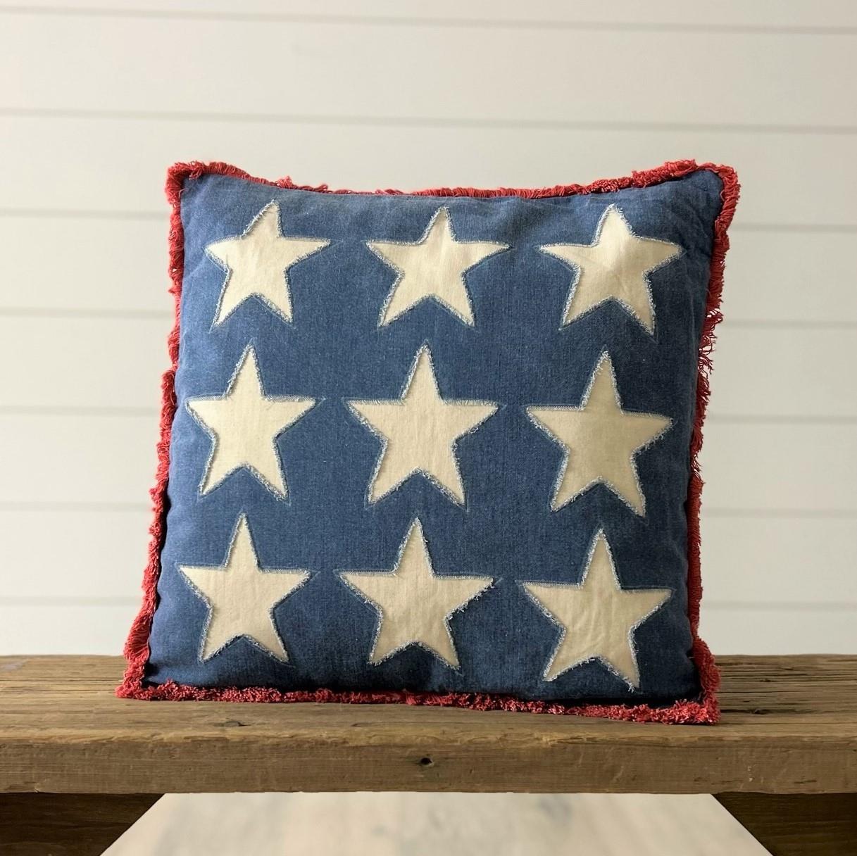 Stonewashed Americana Stars and Red Trim 18" Accent Pillow