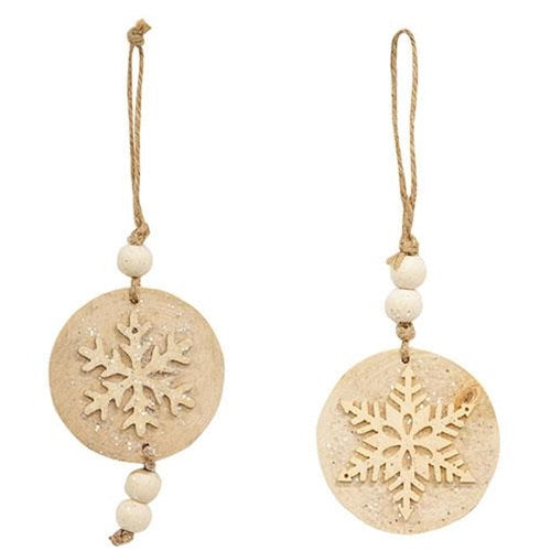 Set of 2 Glittered Natural Snowflake Wood Round Ornaments