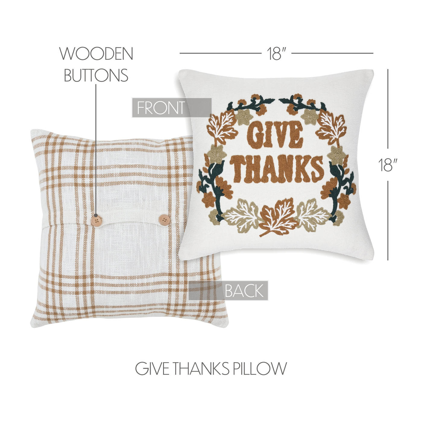 Wheat Plaid Give Thanks Pillow 18'' x 18''