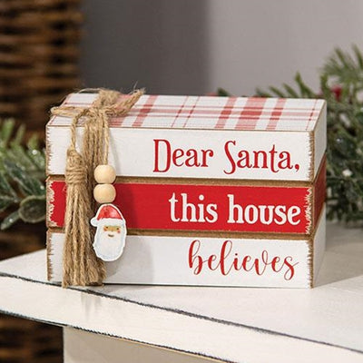 💙 Dear Santa, This House Believes Mini Wooden Faux Book Stack