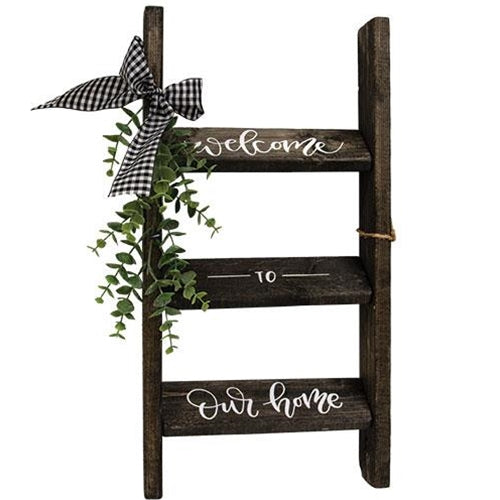 Welcome to Our Home Black Wooden Ladder Greenery 18" H